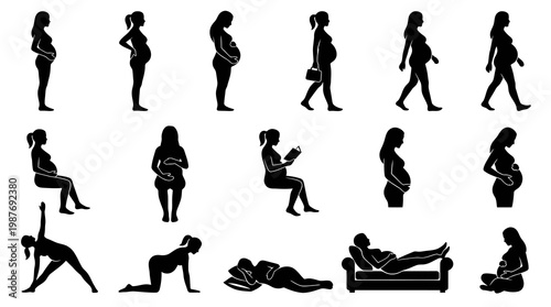 Pregnant Woman Silhouettes Icons - Maternity  Pregnancy Vector Art