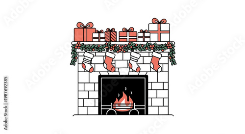 Festive Christmas fireplace illustration with gifts and stockings