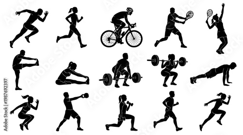 Black and white icons of people exercising and playing sports
