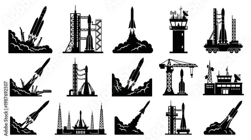 Rocket Launch and Spaceport Icons Set - Aeronautics Technology Black Silhouette Glyphs Vector