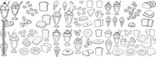 A delightful assortment of hand-drawn food illustrations featuring bread, desserts, and beverages.
