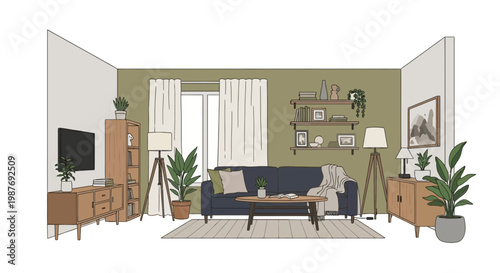 Modern Living Room Interior Design Illustration with Blue Sofa