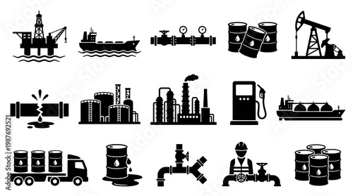 Black and White Icons of Oil and Gas Industry Equipment and Processes