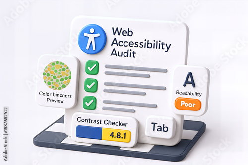 3D illustration of a web accessibility audit tool showcasing features like color binders and contrast checker.