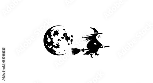 Witch flying on broomstick in front of moon vector illustration