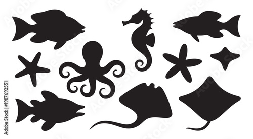Oceanic creatures sea life silhouette set for underwater marine exploration and aquatic design.