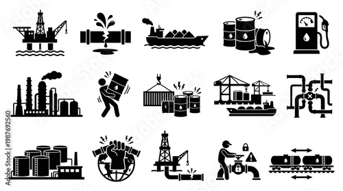 Black and White Glyph Icons Representing the Oil and Gas Industry