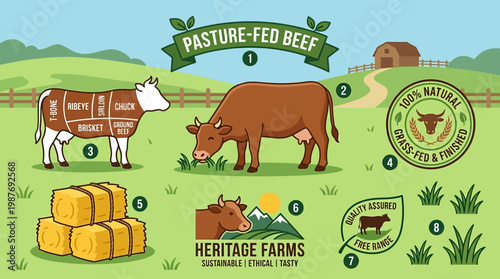 Heritage Farms pasture fed beef infographic with cow cuts and sustainable farming practices