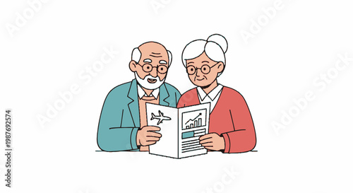 Senior couple planning vacation or retirement investment illustration
