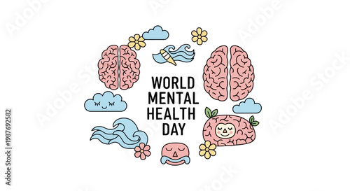 World Mental Health Day vector illustration with brain icons