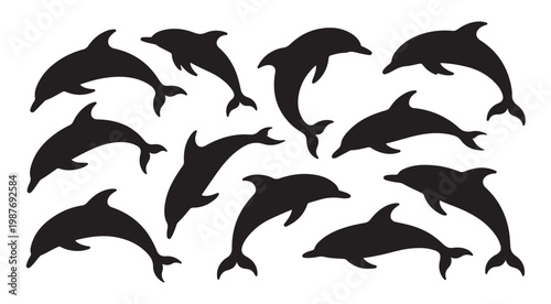 Dolphin silhouettes in active poses for marine life and aquatic animal theme designs.