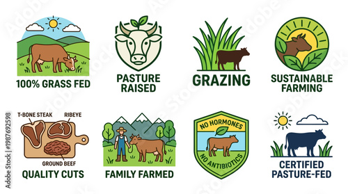 Sustainable beef labels and logos for grass fed and pasture raised cattle products