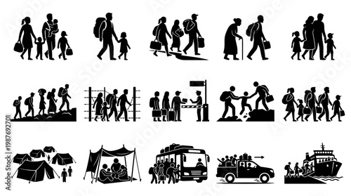 Glyph Icons Set of Migrant Refugee Families Journey. People, Travel, Displacement, Humanitarian Aid.