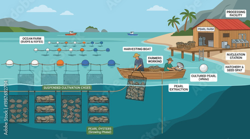 Pearl farming process showing ocean cultivation and harvesting techniques