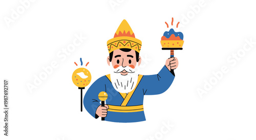 Vector Illustration of a Traditional Shaman Character in Blue Robe