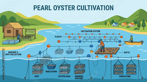 Pearl oyster cultivation process diagram showing stages from nursery to harvesting