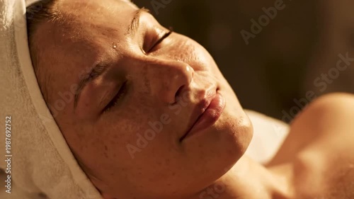 Young woman relaxing with eyes closed during spa treatment