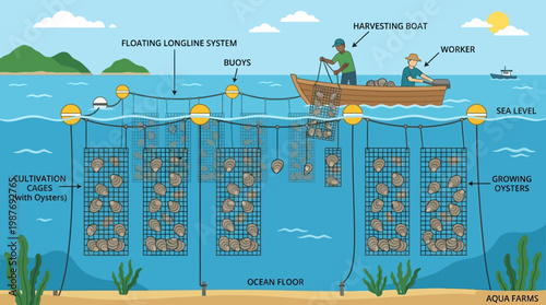 Oyster farming with a floating longline system showing cultivation cages and harvesting process