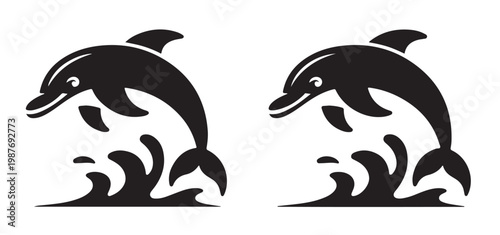 Pair of jumping dolphin vector illustrations, marine mammals creating water splash.