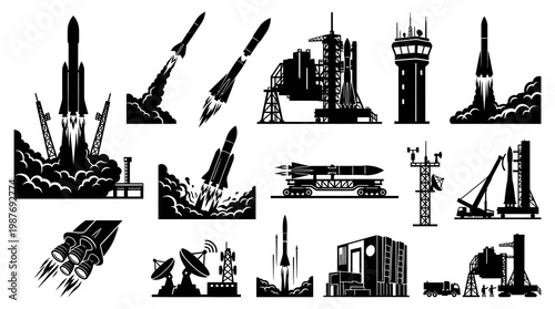Aerospace Industry Rocket Launch  Space Exploration Black Silhouette Vector Icons Set