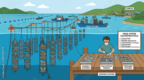 Pearl oyster cultivation process with seeding station and underwater farming