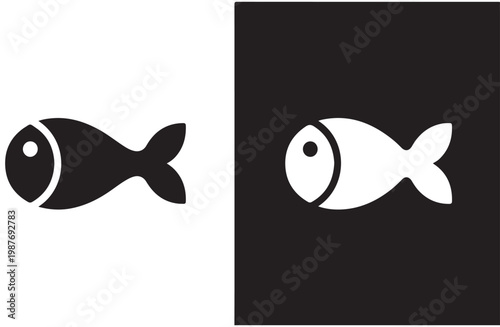 Simple fish silhouette vector icon in black and white opposing backgrounds.