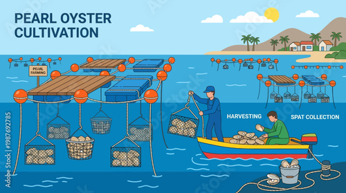 Pearl oyster farming process with harvesting and spat collection stages