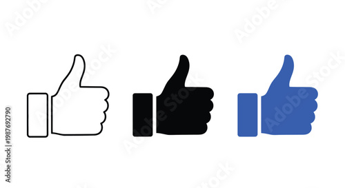 A versatile vector illustration presenting a set of three distinct thumbs up icons for positive feedback, social media engagement, and approval graphic design elements.