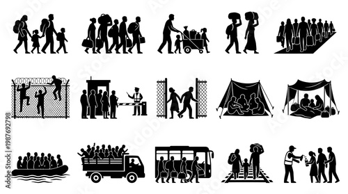Black and white glyph icons of refugees and migrants crossing borders and seeking asylum