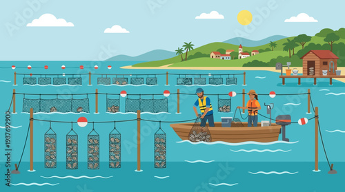 Oyster farmers harvesting oysters from a floating aquaculture farm in a serene coastal setting