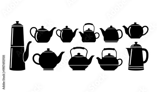 Teapot silhouettes horizontal set beverage serving icon collection for tea shop and kitchen design