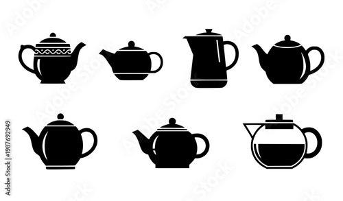 Teapot icon set black silhouette beverage serving symbols collection for kitchen cafe and tea design