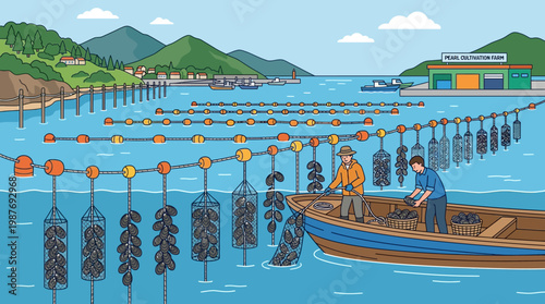 Men working on a pearl cultivation farm with mussels in a boat