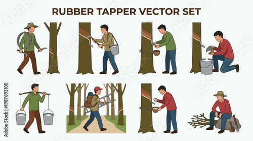 Rubber tapper worker vector set showing various actions of collecting latex from trees with tools and buckets