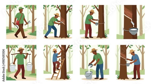 Man collecting rubber from trees in forest