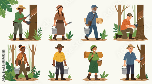 Rubber plantation workers engaged in various tasks with trees and tools