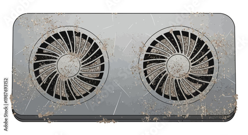 Dirty computer fan grill with dust and debris