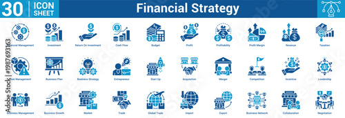 Financial Strategy editable icon set vector illustration concept for business with icon of Financial Management, Investment, Return On Investment, Cash Flow, Budget, Profit, Profitability, Profi.