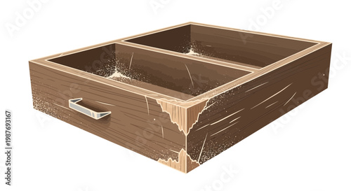 Empty wooden drawer with dividers, distressed texture, isolated on white