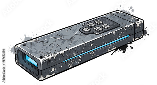 Futuristic USB drive with scratched metal casing and glowing blue light.