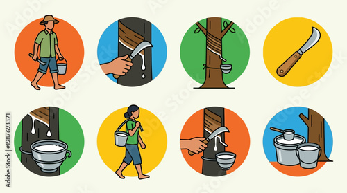 Rubber tapping process steps illustrated with colorful icons and workers