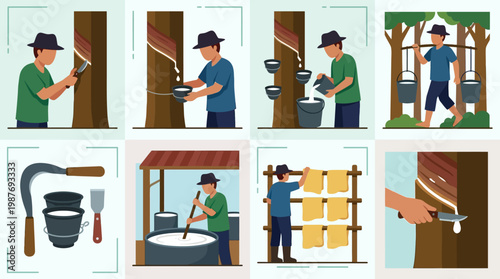 Man collecting sap from trees and making rubber products step by step