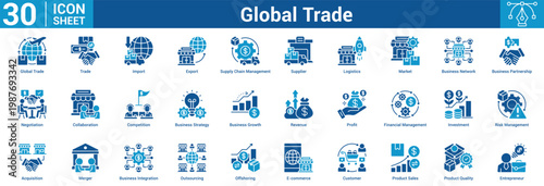 Global Trade editable icon set vector illustration concept for business with icon of Global Trade, Trade, Import, Export, Supply Chain Management, Supplier, Logistics, Market, Business Network.
