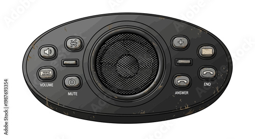 Oval conference speakerphone with buttons for volume, mute, answer, end, and power.