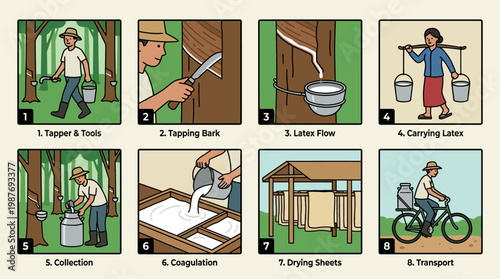 Natural rubber production process steps illustrated from tapping to transport