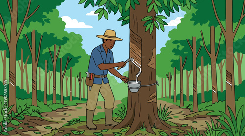 Man in a forest collecting tree sap with a tool and bucket