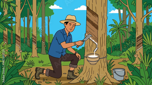 Man collecting rubber from a tree in a tropical forest with a knife