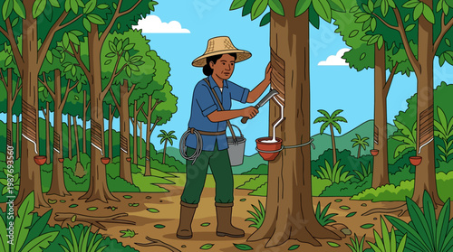 Man in a blue shirt collecting rubber from a tree in a forest