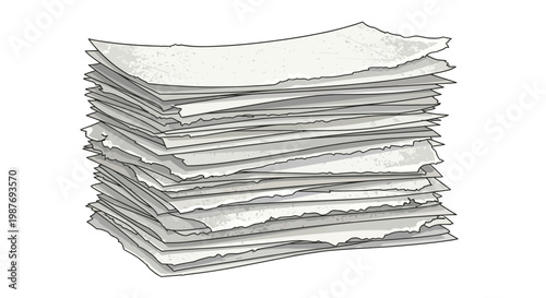Stack of white paper sheets, torn edges, white background, illustration