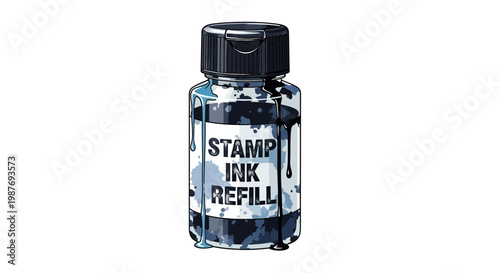 Stamp ink refill bottle with black ink splatters